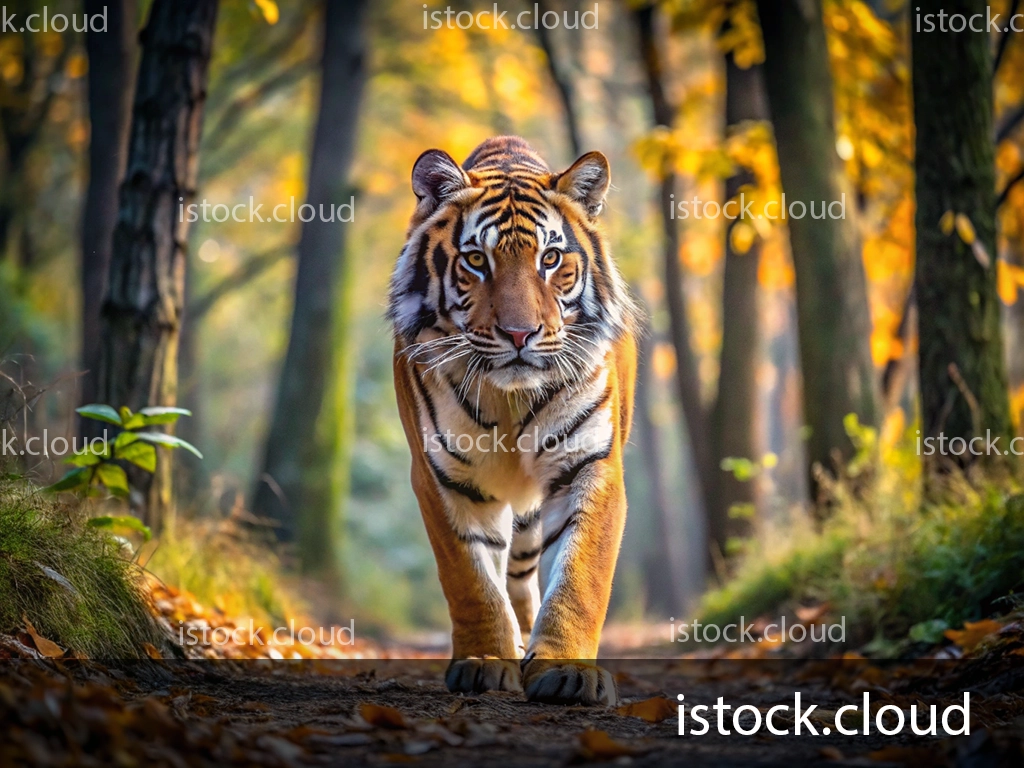 A close-up of a tiger walking along a forest path surrounded by trees with golden autumn foliage. The tiger's vibrant orange coat and striking black stripes stand out against the colorful backdrop.
