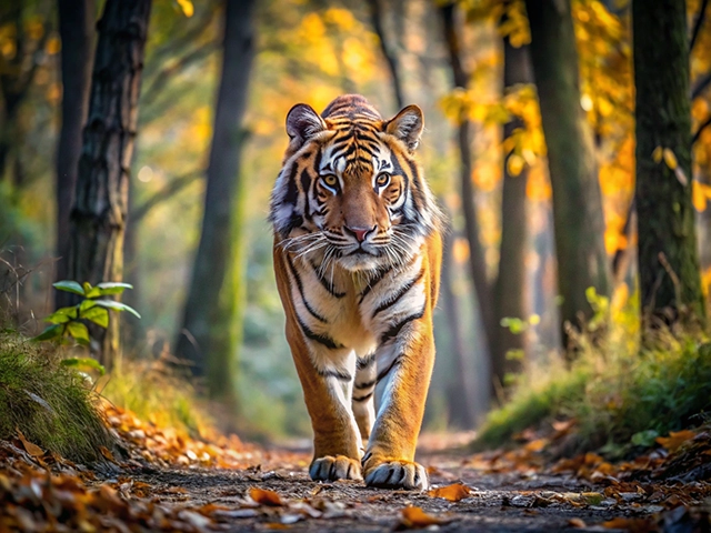 A close-up of a tiger walking along a forest path surrounded by trees with golden autumn foliage. The tiger's vibrant orange coat and striking black stripes stand out against the colorful backdrop.