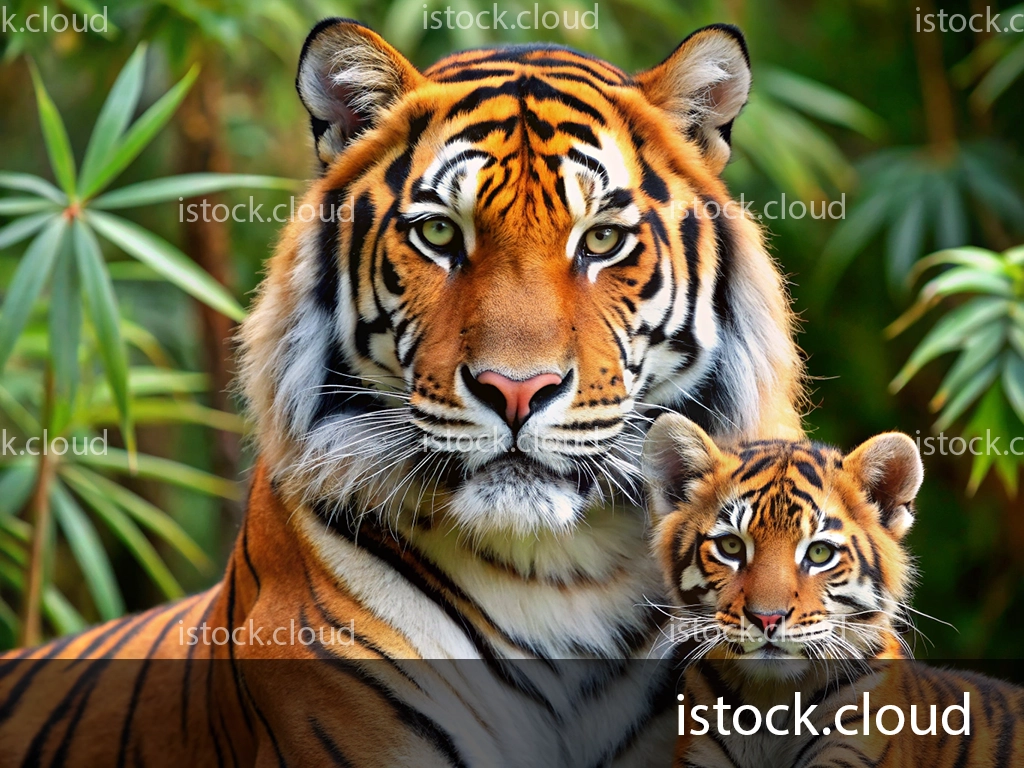 A close-up image of a large tiger and its cub surrounded by green foliage, showcasing their striking orange and black stripes.