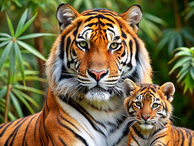 A close-up image of a large tiger and its cub surrounded by green foliage, showcasing their striking orange and black stripes.