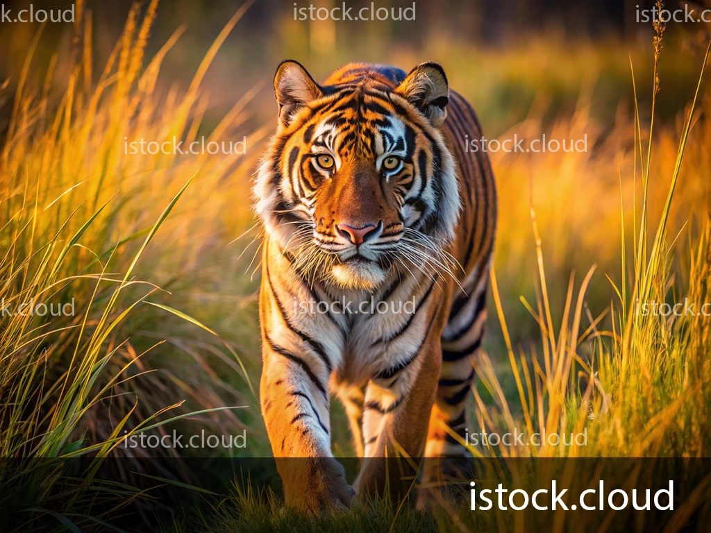 A close-up image of a tiger walking through tall, golden grass during sunset, highlighting its distinctive stripes and intense gaze.