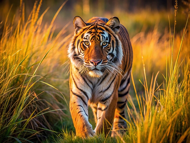 A close-up image of a tiger walking through tall, golden grass during sunset, highlighting its distinctive stripes and intense gaze.