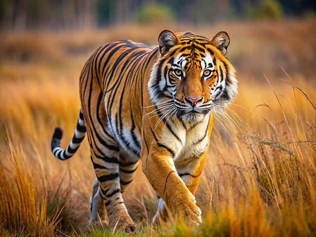 A majestic tiger walks through a golden, grassy field. The tiger's orange and black stripes are prominent, and it has a focused expression on its face as it strides gracefully in the habitat.