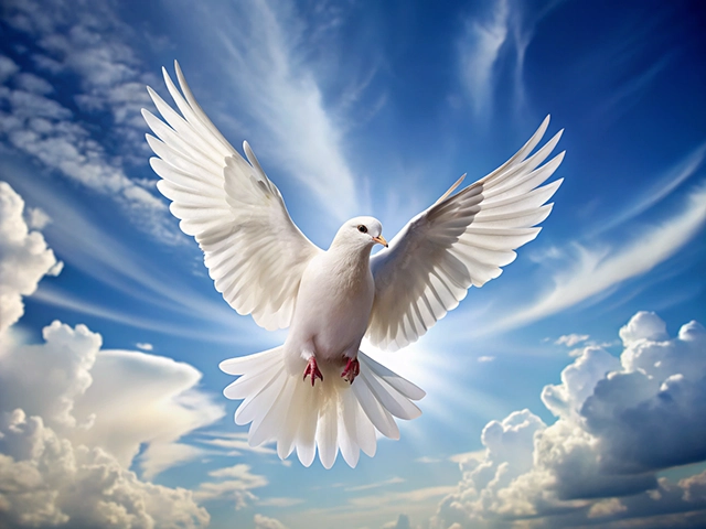 A beautiful white dove soaring against a backdrop of blue sky and fluffy clouds, with its wings outstretched.