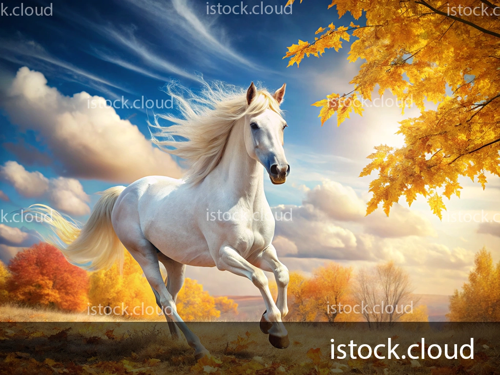 A stunning white horse galloping through a vibrant autumn landscape with orange and yellow leaves under a bright blue sky.
