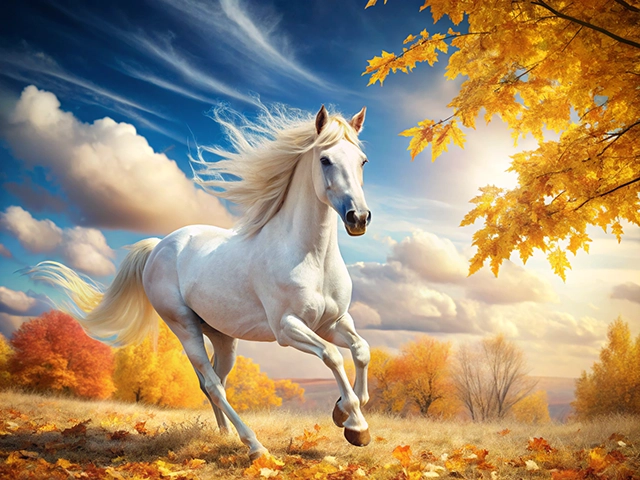 A stunning white horse galloping through a vibrant autumn landscape with orange and yellow leaves under a bright blue sky.