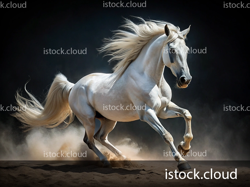 A stunning white horse galloping through a sandy terrain, with its long mane and tail flowing in the wind against a dark background.