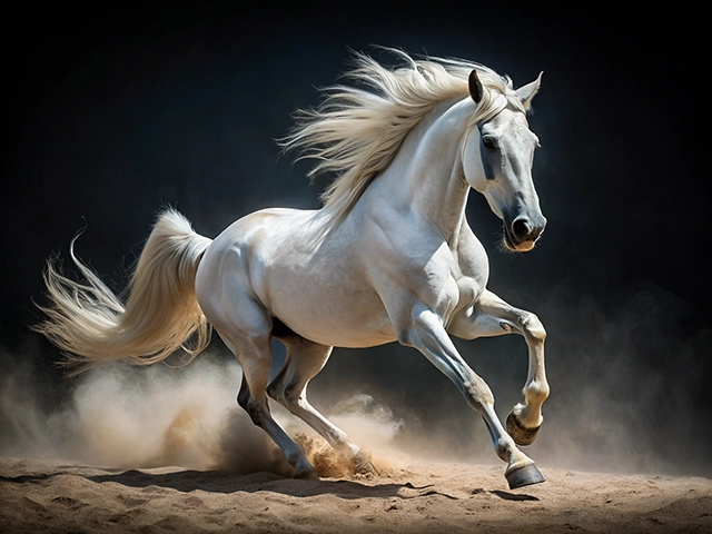 A stunning white horse galloping through a sandy terrain, with its long mane and tail flowing in the wind against a dark background.