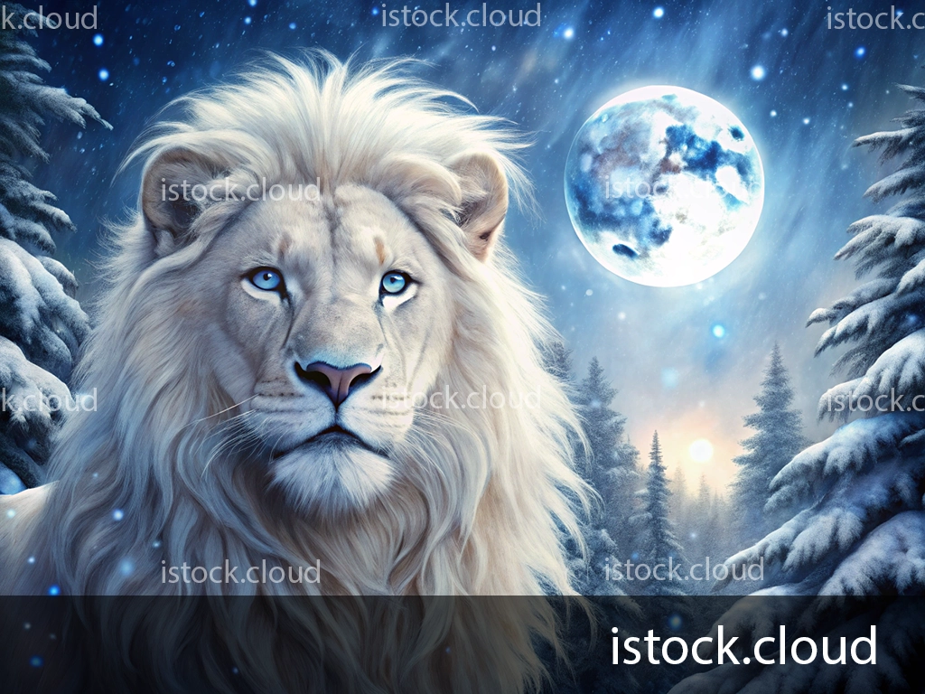 A stunning white lion with flowing mane gazes serenely at the viewer, set against a mystical winter landscape filled with snow-covered trees and a large, luminous full moon in a starry night sky.
