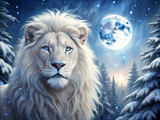 A stunning white lion with flowing mane gazes serenely at the viewer, set against a mystical winter landscape filled with snow-covered trees and a large, luminous full moon in a starry night sky.