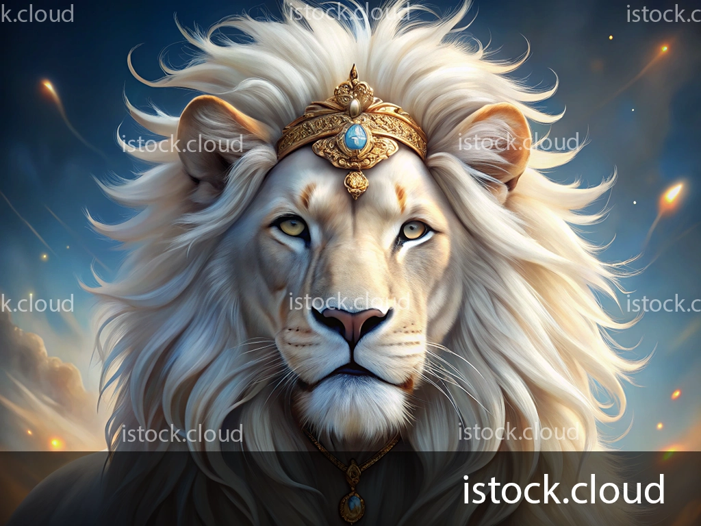 A regal white lion with a golden crown adorned with jewels, set against a celestial background. The lion gazes directly at the viewer, exuding an aura of strength and majesty.