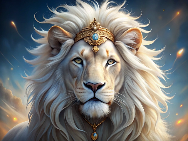 A regal white lion with a golden crown adorned with jewels, set against a celestial background. The lion gazes directly at the viewer, exuding an aura of strength and majesty.