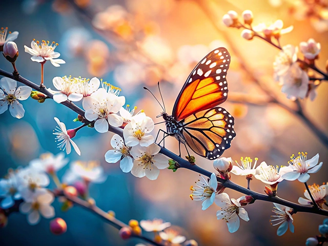 A vibrant monarch butterfly perched on a branch adorned with delicate white flowers. The background features soft hues of blue and orange, enhancing the tranquil beauty of the scene.