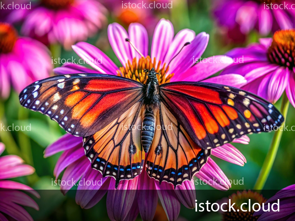 A vibrant Monarch butterfly perched on a pink flower surrounded by more blooming flowers. The butterfly showcases striking orange and black wings, highlighting the beauty of nature.