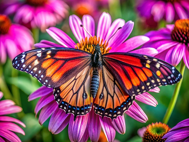 A vibrant Monarch butterfly perched on a pink flower surrounded by more blooming flowers. The butterfly showcases striking orange and black wings, highlighting the beauty of nature.