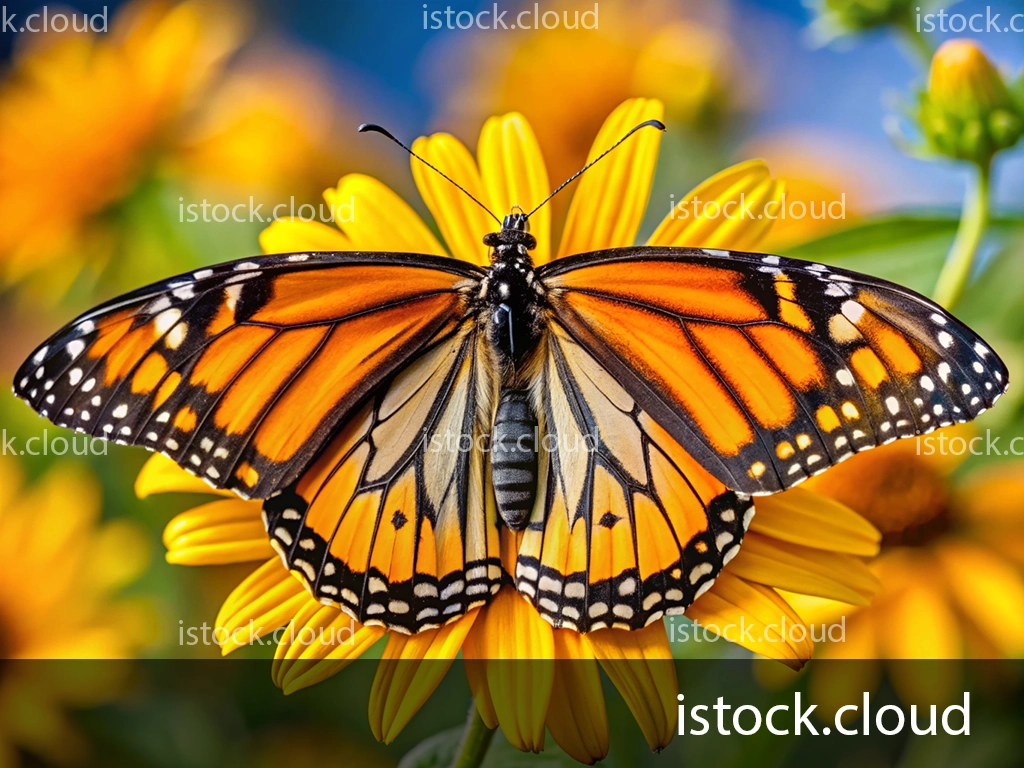 A vibrant Monarch butterfly perched on a bright yellow flower. The butterfly's wings are spread wide, displaying intricate patterns of orange, black, and white. In the background, additional yellow flowers and green foliage can be seen, creating a lively natural scene.