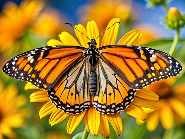 A vibrant Monarch butterfly perched on a bright yellow flower. The butterfly's wings are spread wide, displaying intricate patterns of orange, black, and white. In the background, additional yellow flowers and green foliage can be seen, creating a lively natural scene.