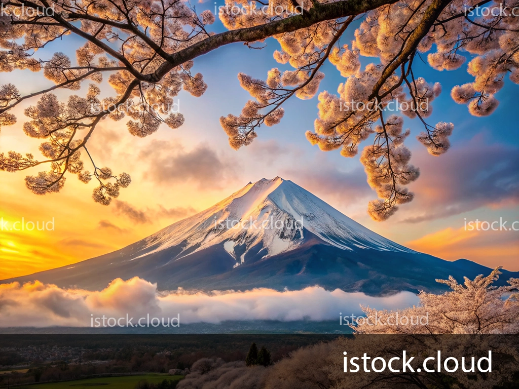 A breathtaking view of Mount Fuji during sunset, framed by blooming cherry blossom trees. The sky is painted in hues of orange and blue, with soft clouds at the mountain's base.
