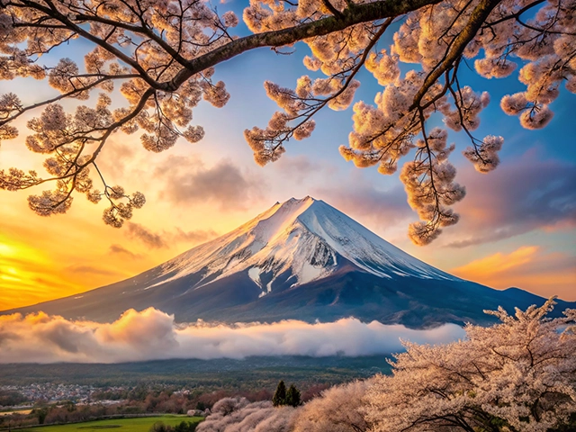 A breathtaking view of Mount Fuji during sunset, framed by blooming cherry blossom trees. The sky is painted in hues of orange and blue, with soft clouds at the mountain's base.