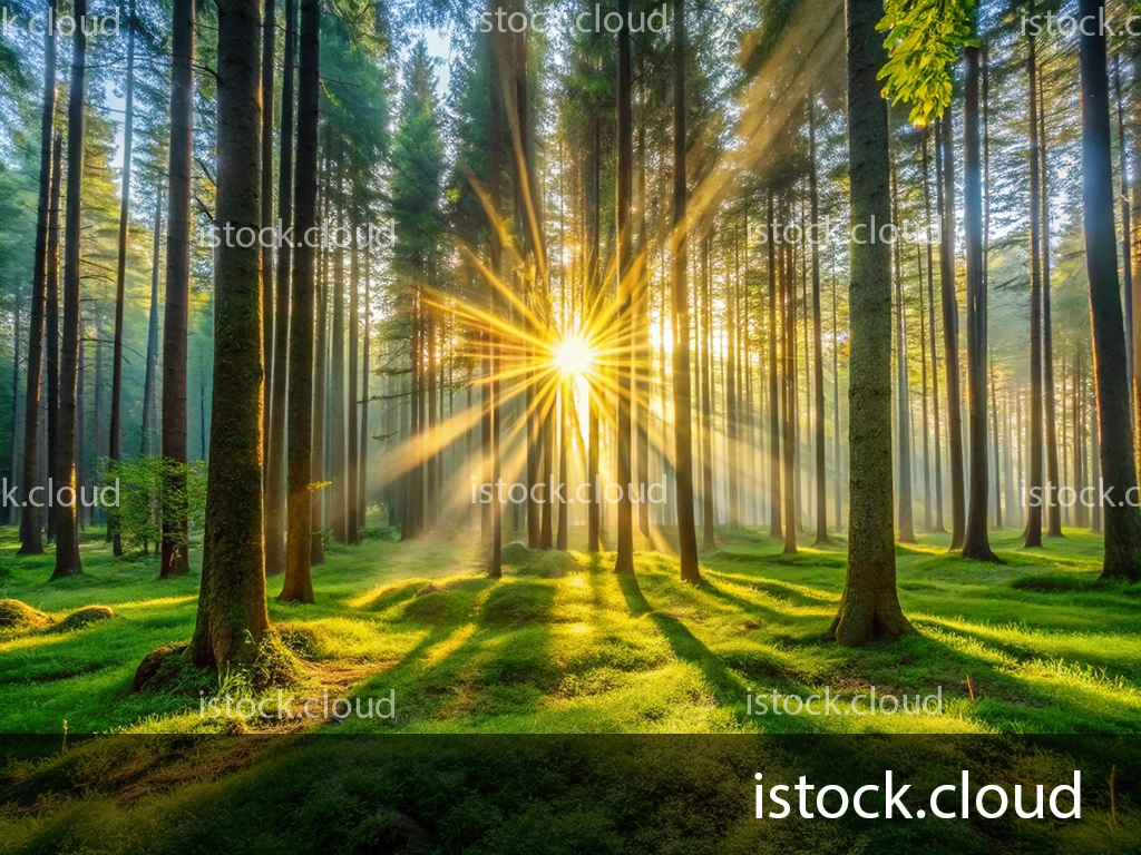 A serene forest scene with tall trees glowing in the morning light. Sun rays pierce through the branches, illuminating the lush green grass below.