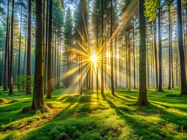 A serene forest scene with tall trees glowing in the morning light. Sun rays pierce through the branches, illuminating the lush green grass below.