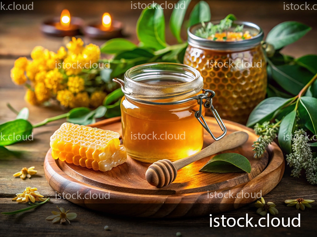 A wooden platter showcasing a jar of honey, honeycomb, and a wooden dipper, surrounded by green leaves and yellow blossoms. There are two candles lit in the background, creating a warm atmosphere.