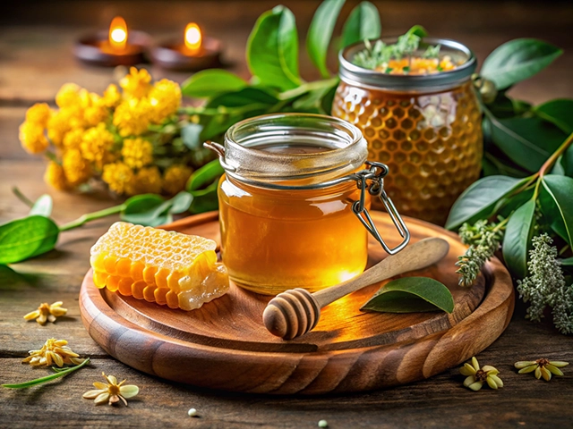 A wooden platter showcasing a jar of honey, honeycomb, and a wooden dipper, surrounded by green leaves and yellow blossoms. There are two candles lit in the background, creating a warm atmosphere.