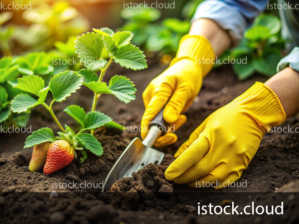 A close-up of hands wearing yellow gardening gloves digging in soil around strawberry plants, with ripe strawberries visible among the green leaves.