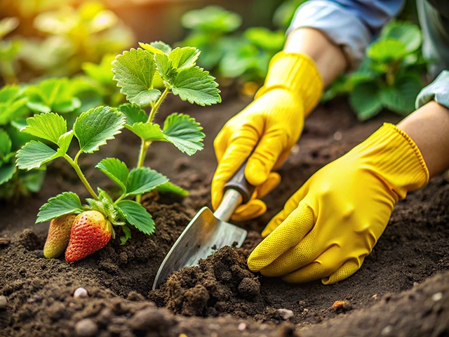 A close-up of hands wearing yellow gardening gloves digging in soil around strawberry plants, with ripe strawberries visible among the green leaves.