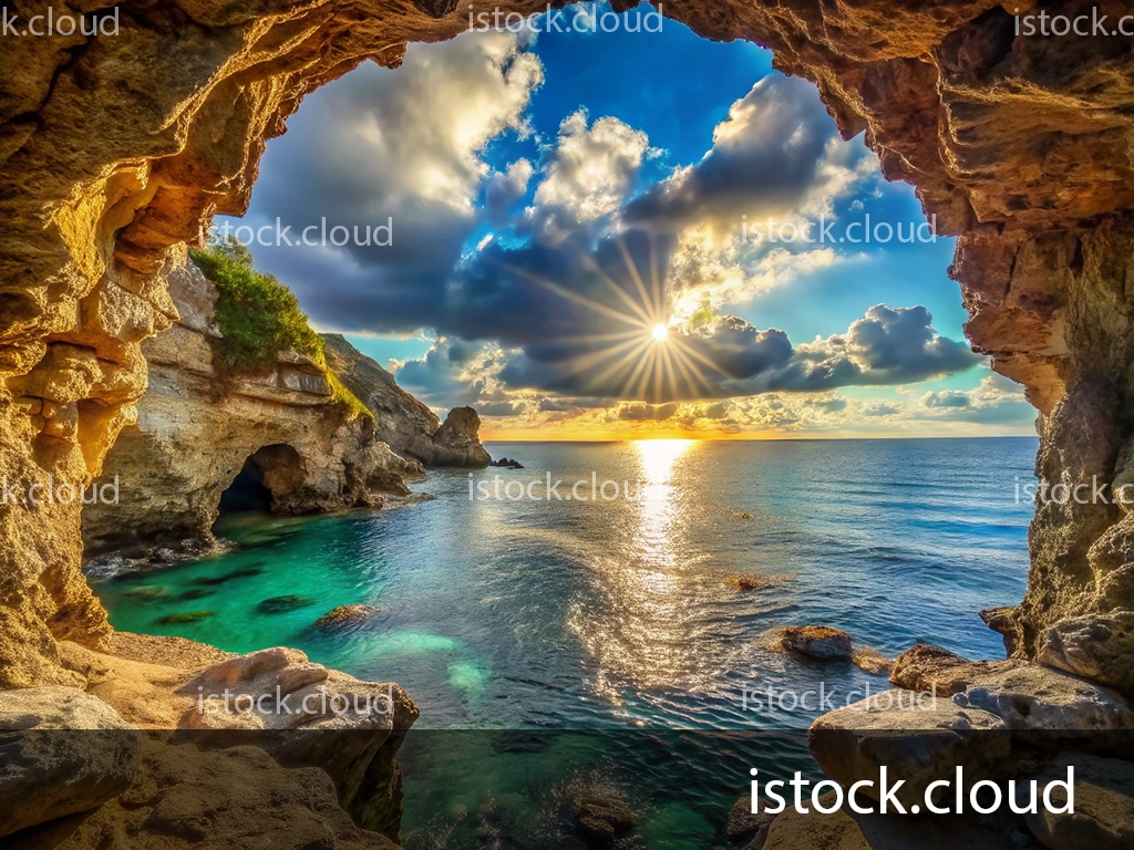A breathtaking view of the ocean from a rocky cave, showcasing turquoise waters and a vibrant sky filled with clouds. The sun sets on the horizon, creating a radiant starburst effect over the water.