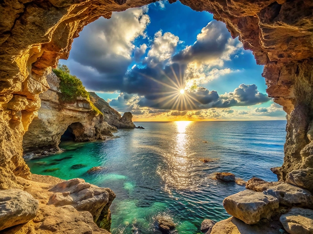 A breathtaking view of the ocean from a rocky cave, showcasing turquoise waters and a vibrant sky filled with clouds. The sun sets on the horizon, creating a radiant starburst effect over the water.