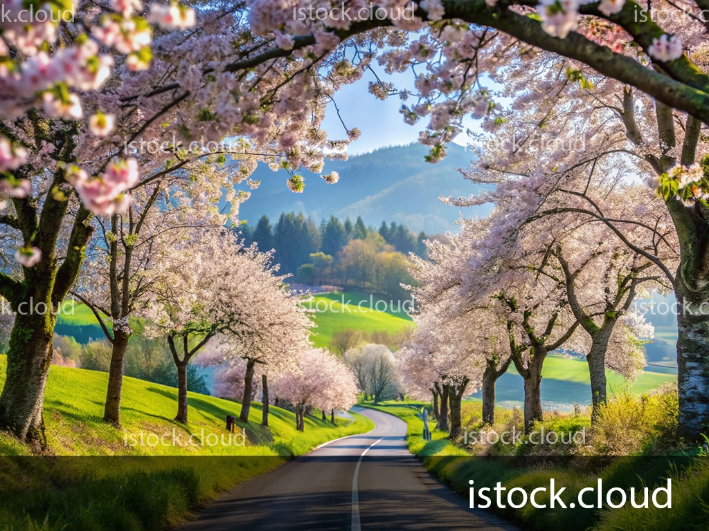 A picturesque road lined with blooming cherry blossom trees, leading through rolling green hills and valleys under a clear blue sky.
