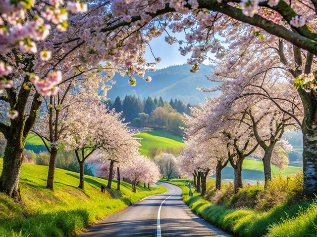 A picturesque road lined with blooming cherry blossom trees, leading through rolling green hills and valleys under a clear blue sky.