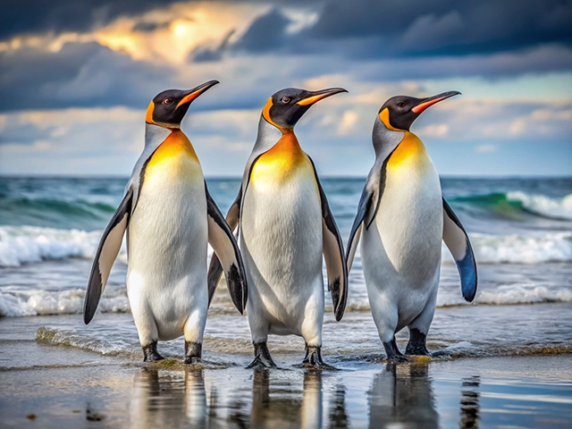 Three king penguins standing together on a beach, with ocean waves in the background, and a dramatic, cloudy sky above. The penguins are displaying their vibrant orange and yellow markings on their necks.