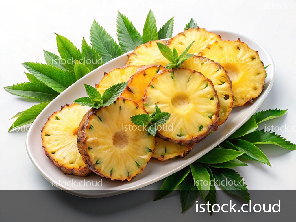 A beautifully arranged platter of fresh pineapple slices garnished with mint leaves, surrounded by green foliage on a white background.