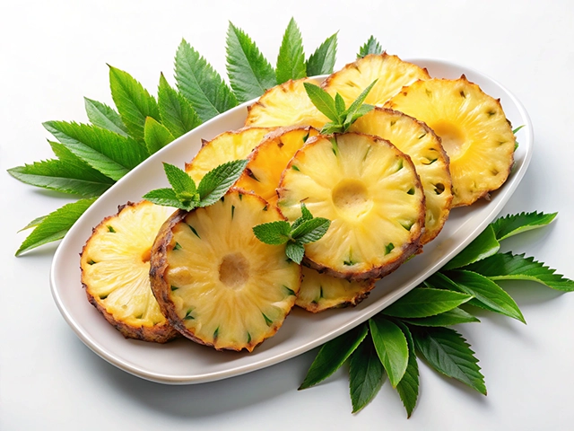 A beautifully arranged platter of fresh pineapple slices garnished with mint leaves, surrounded by green foliage on a white background.