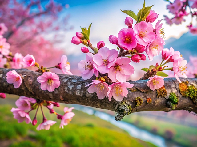 Close-up of pink cherry blossoms blooming on a branch with a blurred background of a serene landscape.