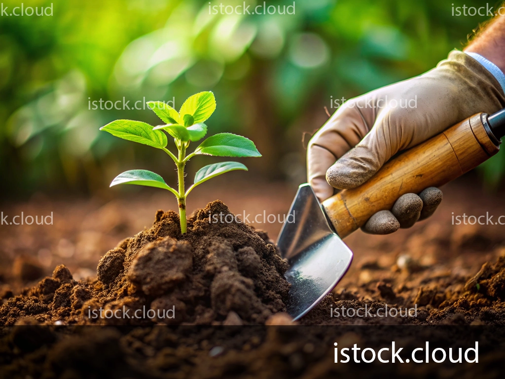 A close-up of a hand wearing a glove holding a garden tool, planting a young green seedling in rich brown soil with a blurred background of lush greenery.