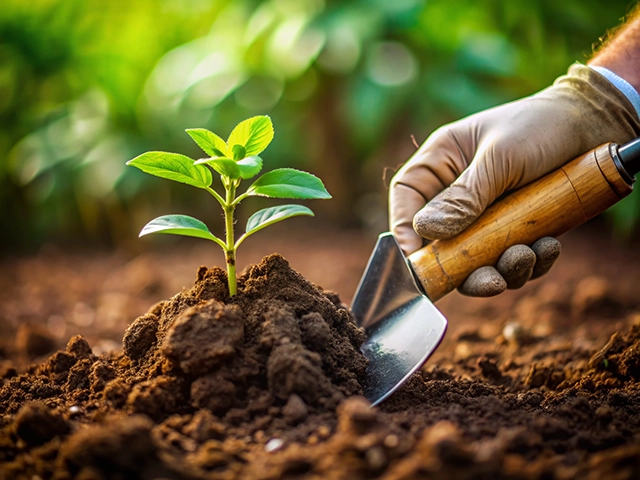 A close-up of a hand wearing a glove holding a garden tool, planting a young green seedling in rich brown soil with a blurred background of lush greenery.