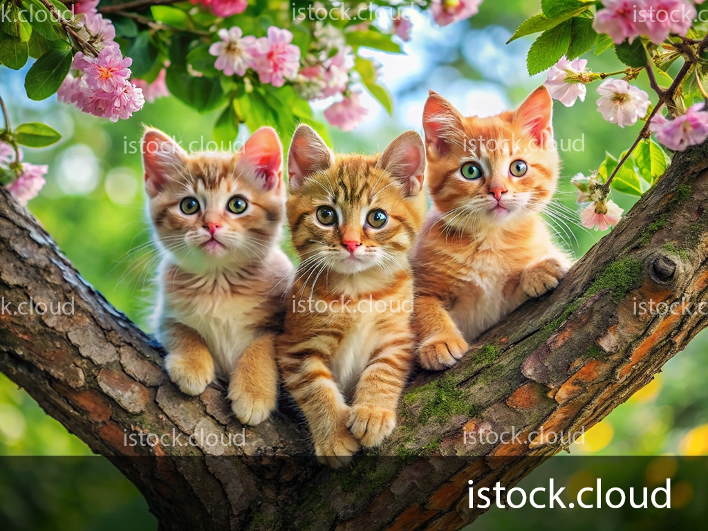 Three adorable orange tabby kittens sitting on a tree branch adorned with pink flowers. Their big, round eyes gaze curiously into the distance, surrounded by lush greenery.