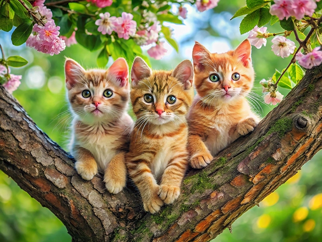 Three adorable orange tabby kittens sitting on a tree branch adorned with pink flowers. Their big, round eyes gaze curiously into the distance, surrounded by lush greenery.