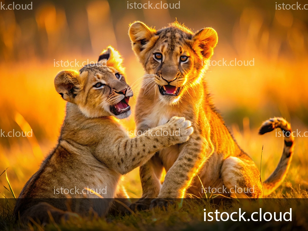 Two playful lion cubs sitting in tall grass during sunset, with a warm, golden glow illuminating their fur.