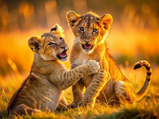 Two playful lion cubs sitting in tall grass during sunset, with a warm, golden glow illuminating their fur.