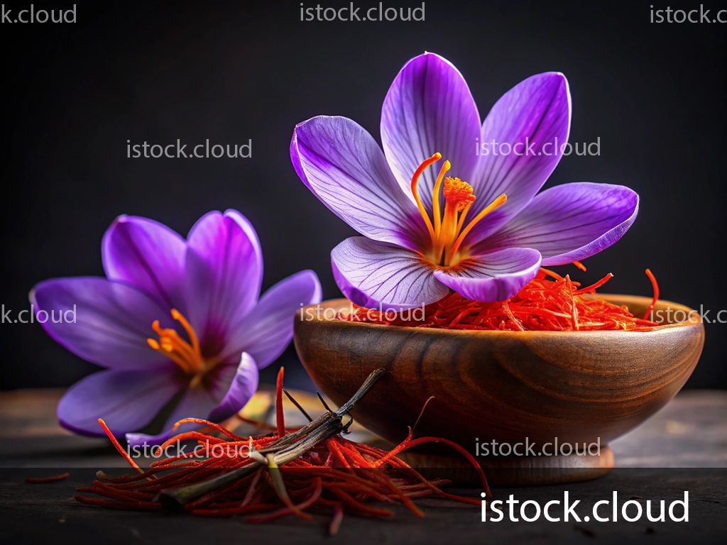 A close-up image featuring a purple crocus flower alongside strands of saffron spice in a wooden bowl. The backdrop is dark to highlight the vivid colors of the flower and the texture of the saffron.