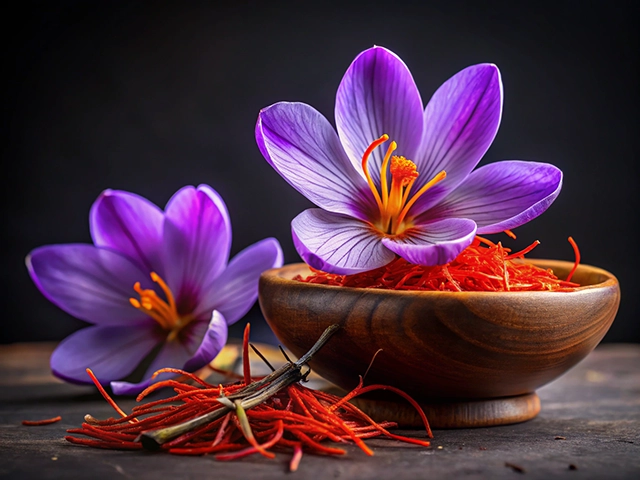 A close-up image featuring a purple crocus flower alongside strands of saffron spice in a wooden bowl. The backdrop is dark to highlight the vivid colors of the flower and the texture of the saffron.