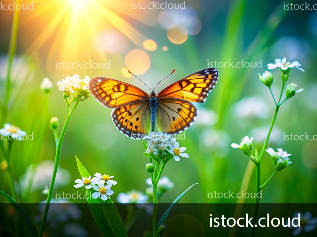 A vibrant butterfly with orange and black wings is perched on a cluster of small white flowers. The background features green grass and blurred sunlight, creating a soft, dreamy atmosphere.