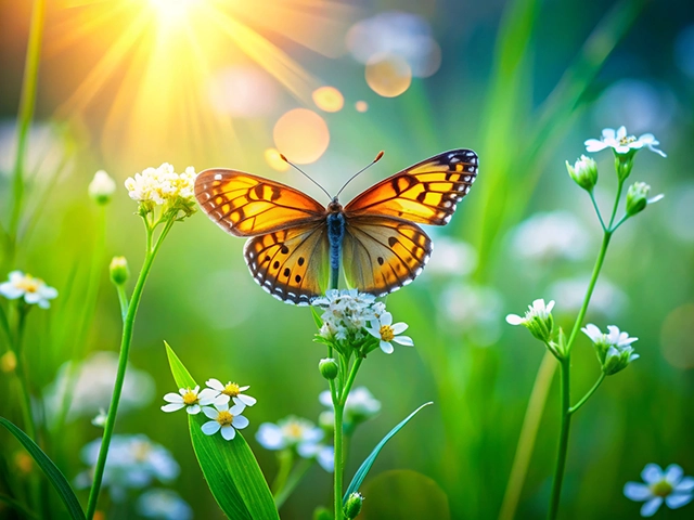 A vibrant butterfly with orange and black wings is perched on a cluster of small white flowers. The background features green grass and blurred sunlight, creating a soft, dreamy atmosphere.