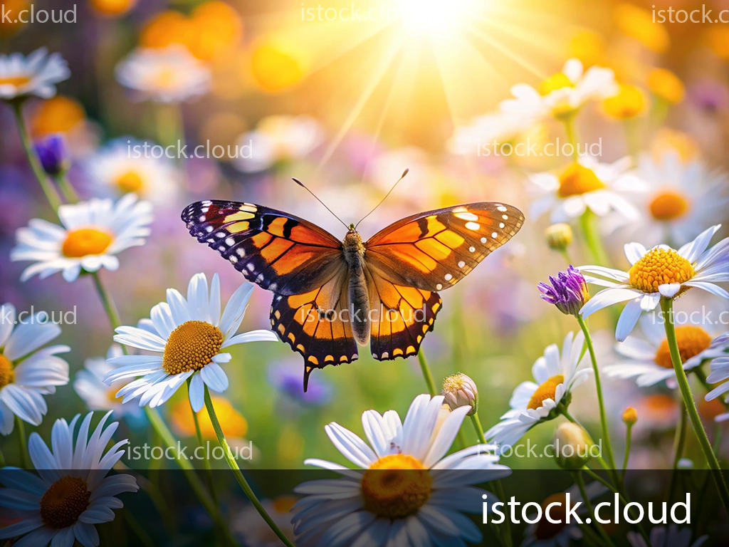 A Monarch butterfly with orange and black wings perched on a daisy flower in a colorful meadow filled with various blooms, illuminated by warm sunlight.