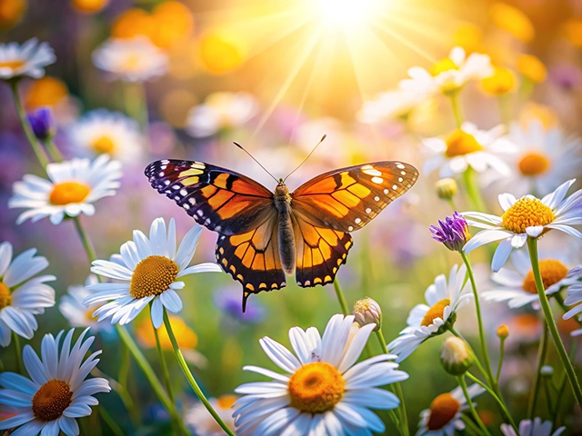 A Monarch butterfly with orange and black wings perched on a daisy flower in a colorful meadow filled with various blooms, illuminated by warm sunlight.