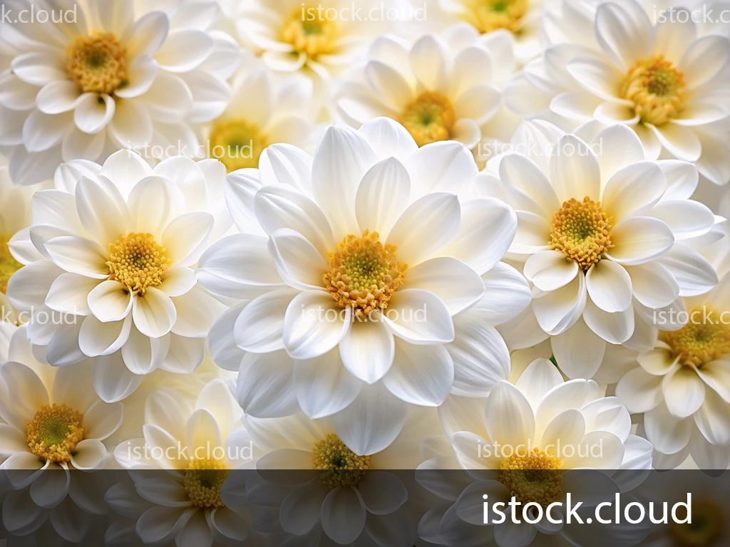 A close-up view of multiple white flowers with yellow centers, creating a soft and serene composition filled with delicate petals.